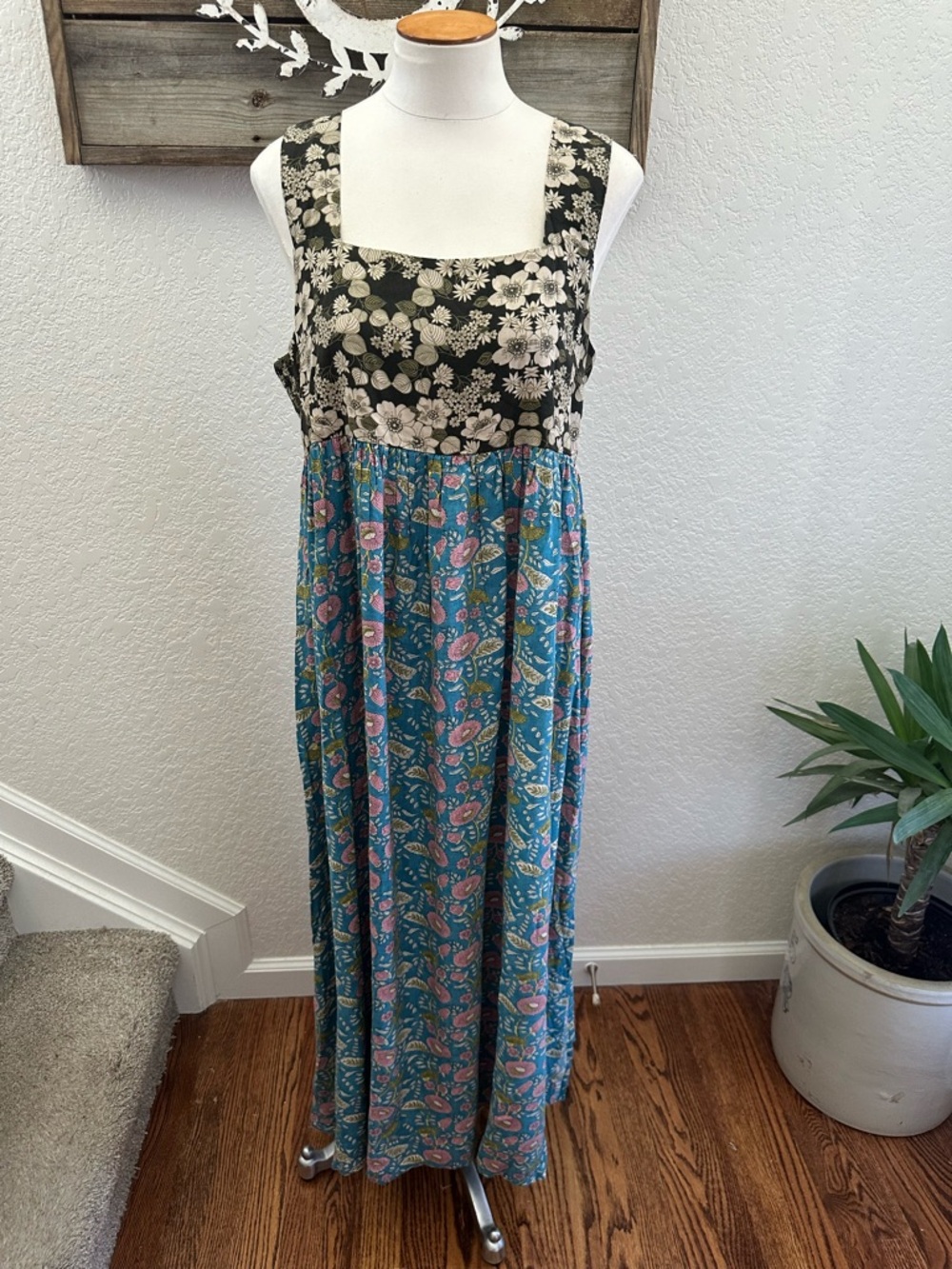 Natural Life Floral‎ Two-Tone Maxi Dress — Black & Teal Floral size XL NWT
